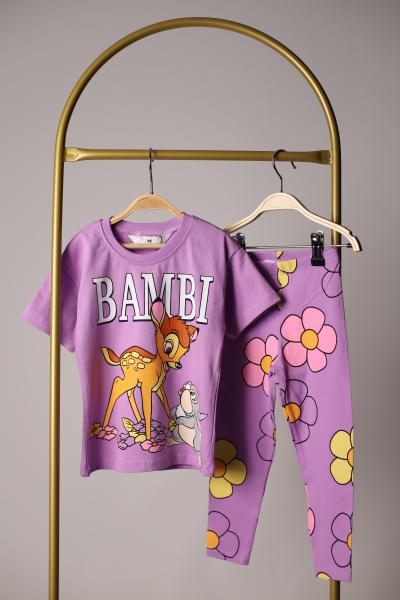 Mor Bambi Çiçekli Taytlı Takım