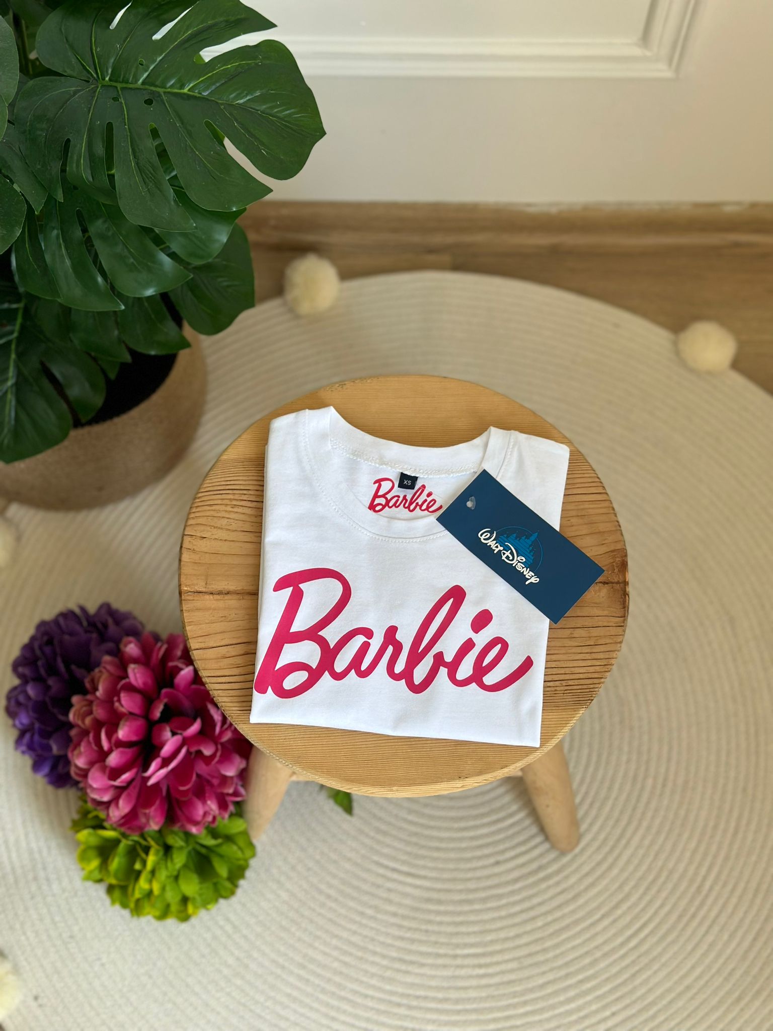 Beyaz Barbie Pembe Baskılı Kız Çocuk T-shirt
