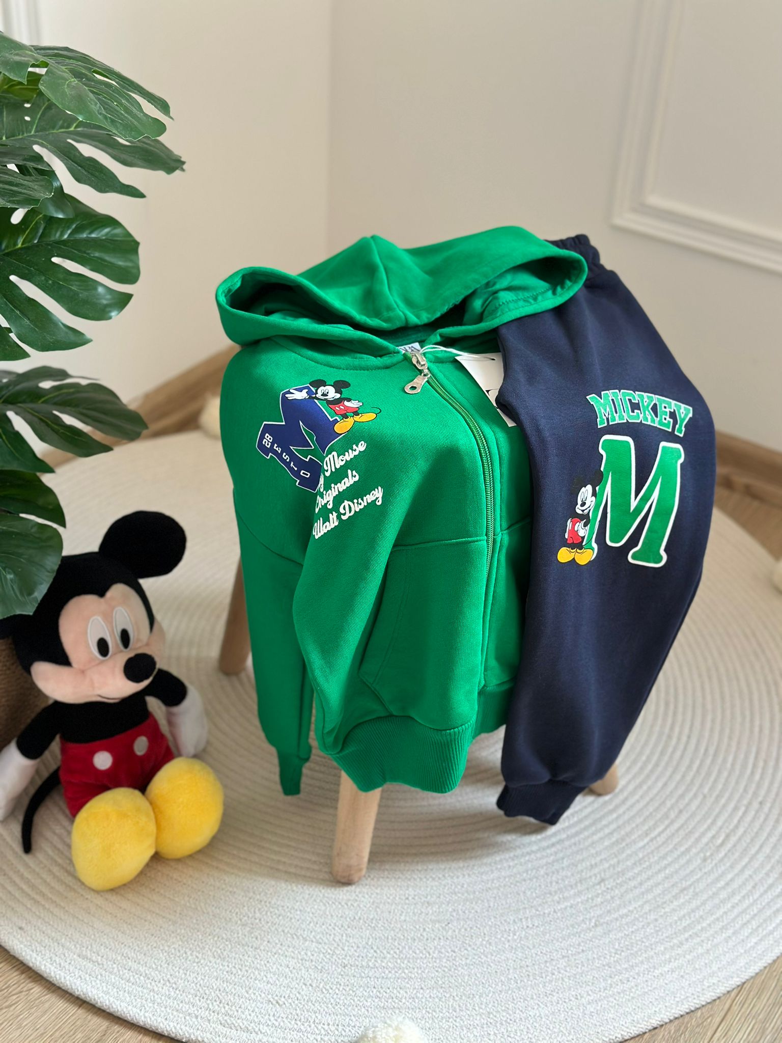Yeşil Mickey Sırt Baskılı Fermuarlı Eşofman Takımı