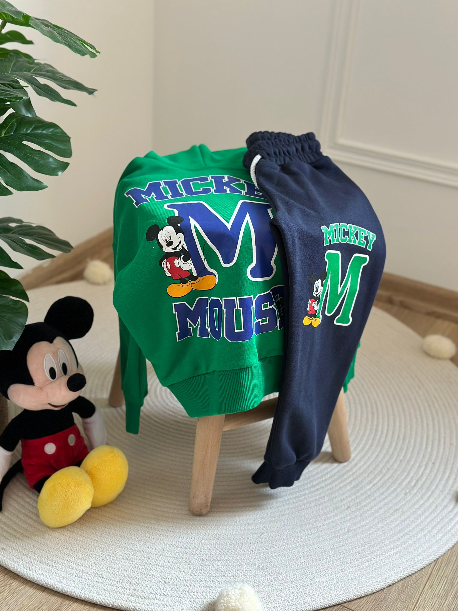 Yeşil Mickey Sırt Baskılı Fermuarlı Eşofman Takımı