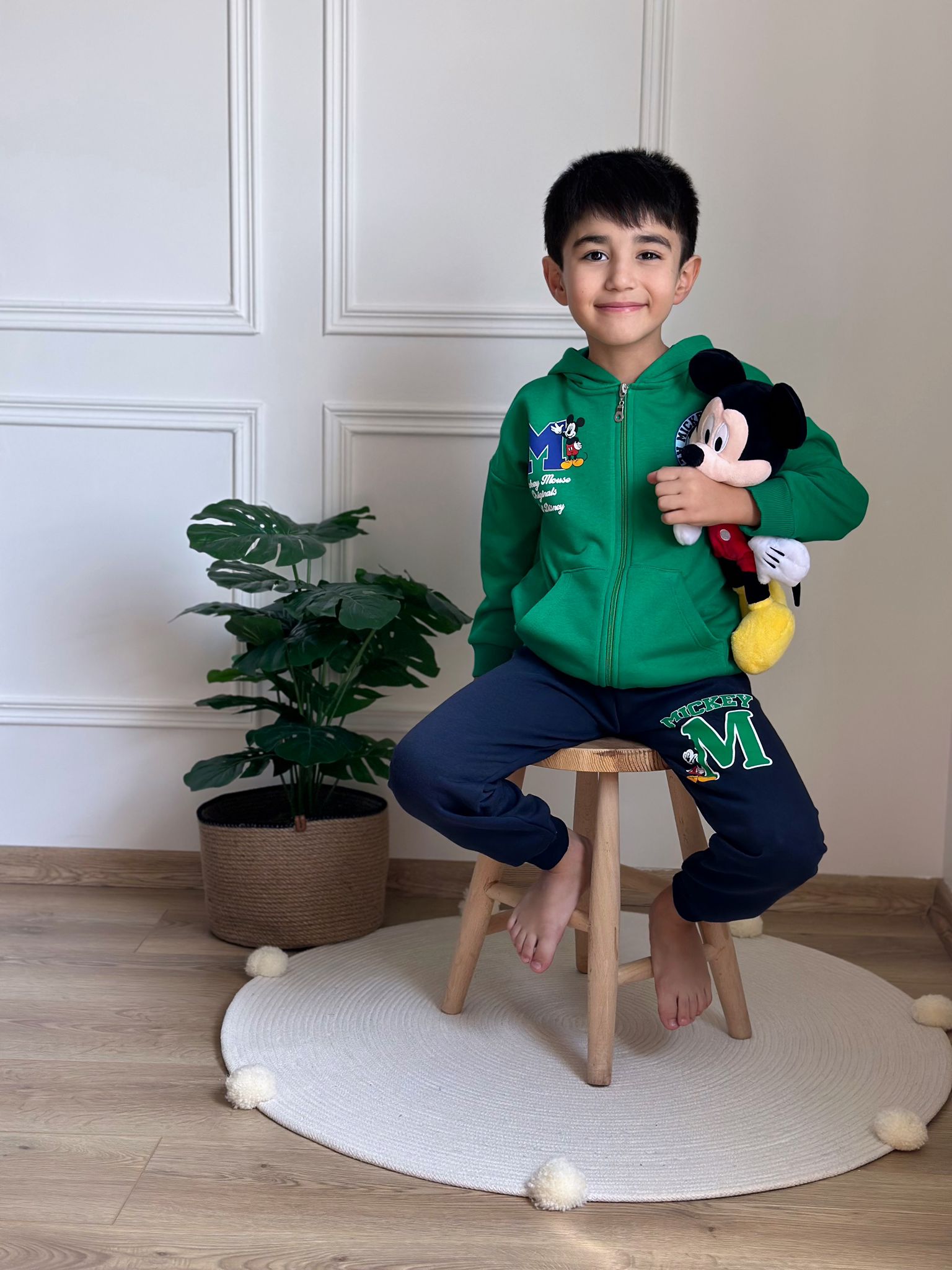 Yeşil Mickey Sırt Baskılı Fermuarlı Eşofman Takımı
