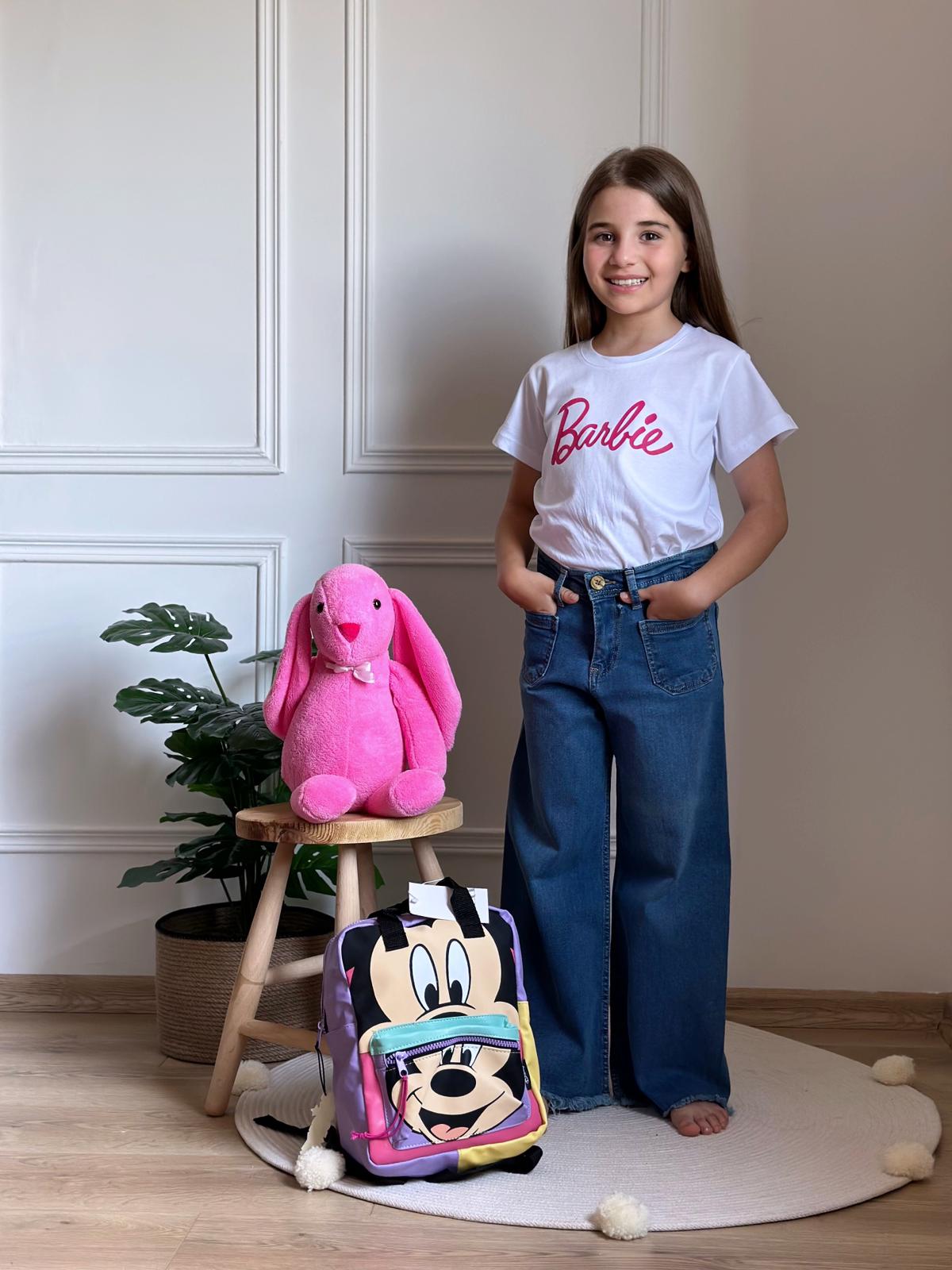 Beyaz Barbie Pembe Baskılı Kız Çocuk T-shirt