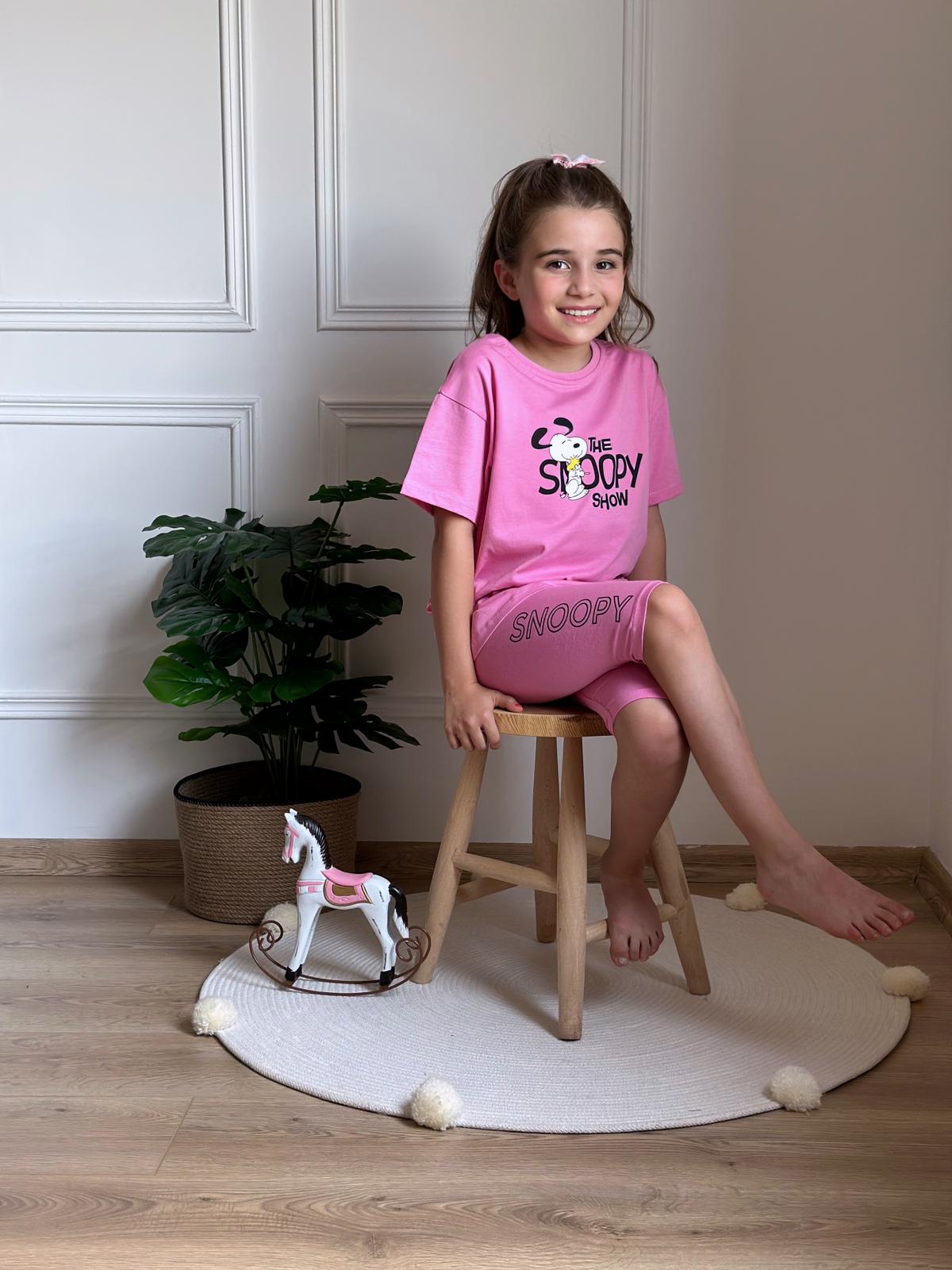 Sırt Baskılı Pembe Snoopy Taytlı Takım