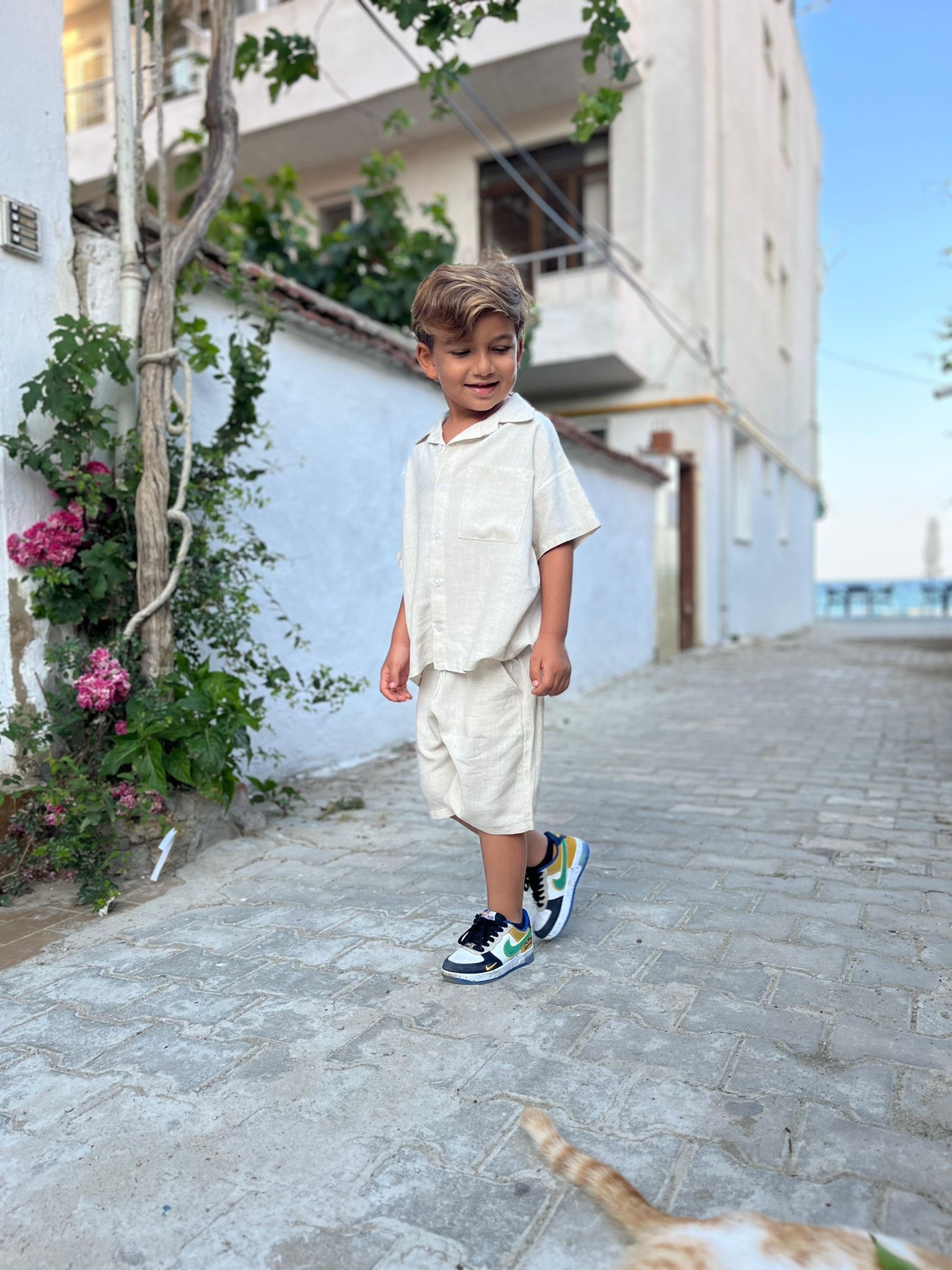 Krem Rengi Keten Düğmeli Takim