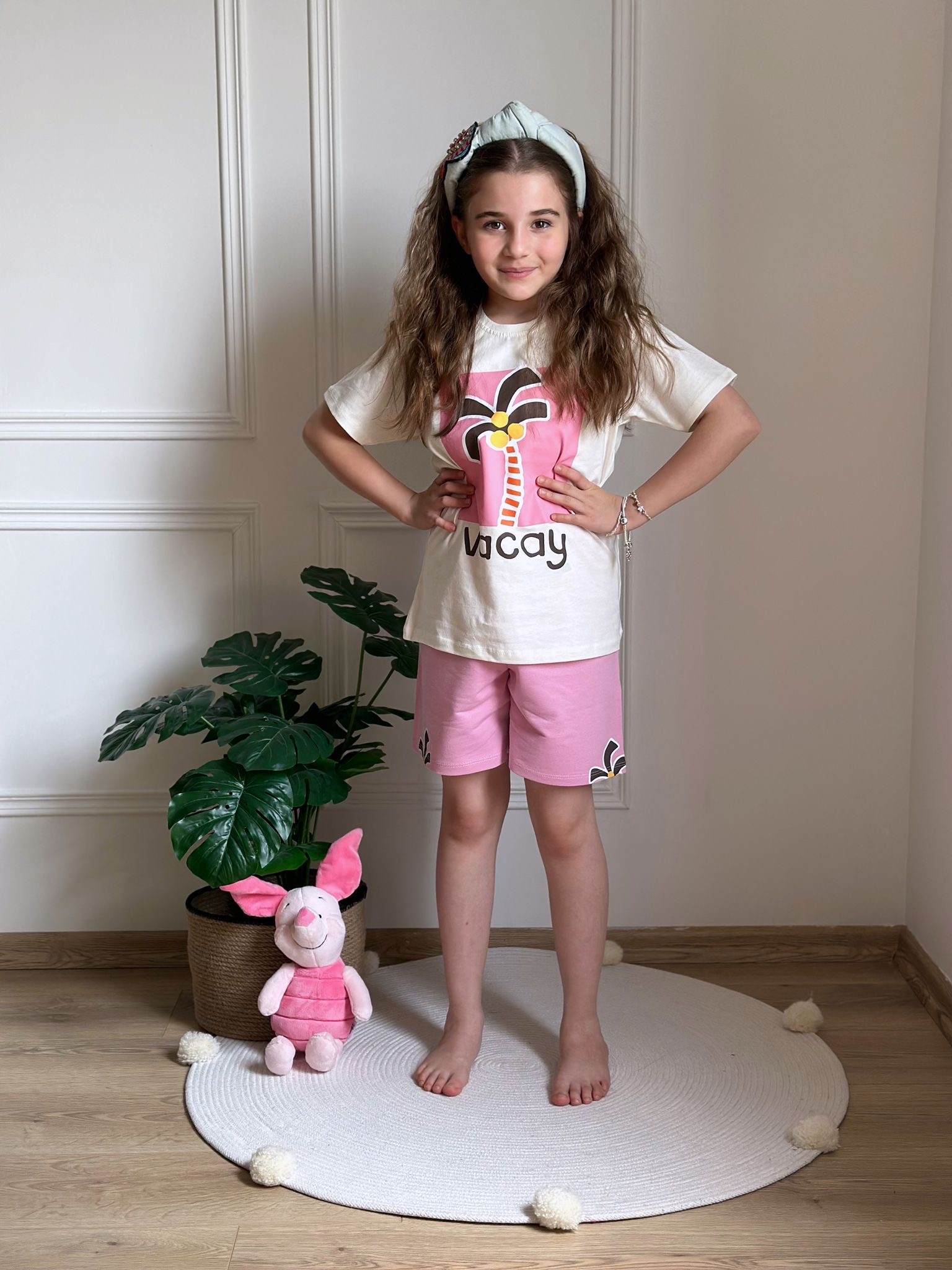 Pembe Palmiye Baskılı Şortlu Takım
