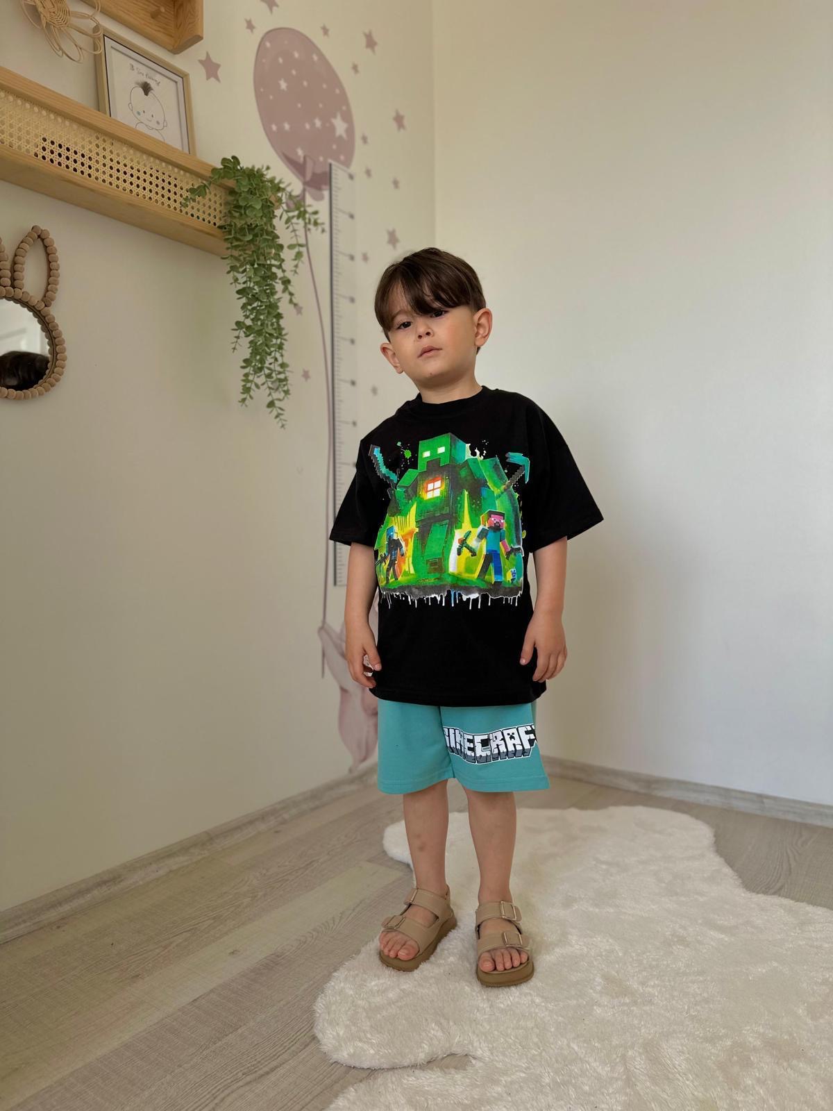 Siyah Yeşil Minecraft Şortlu Takım