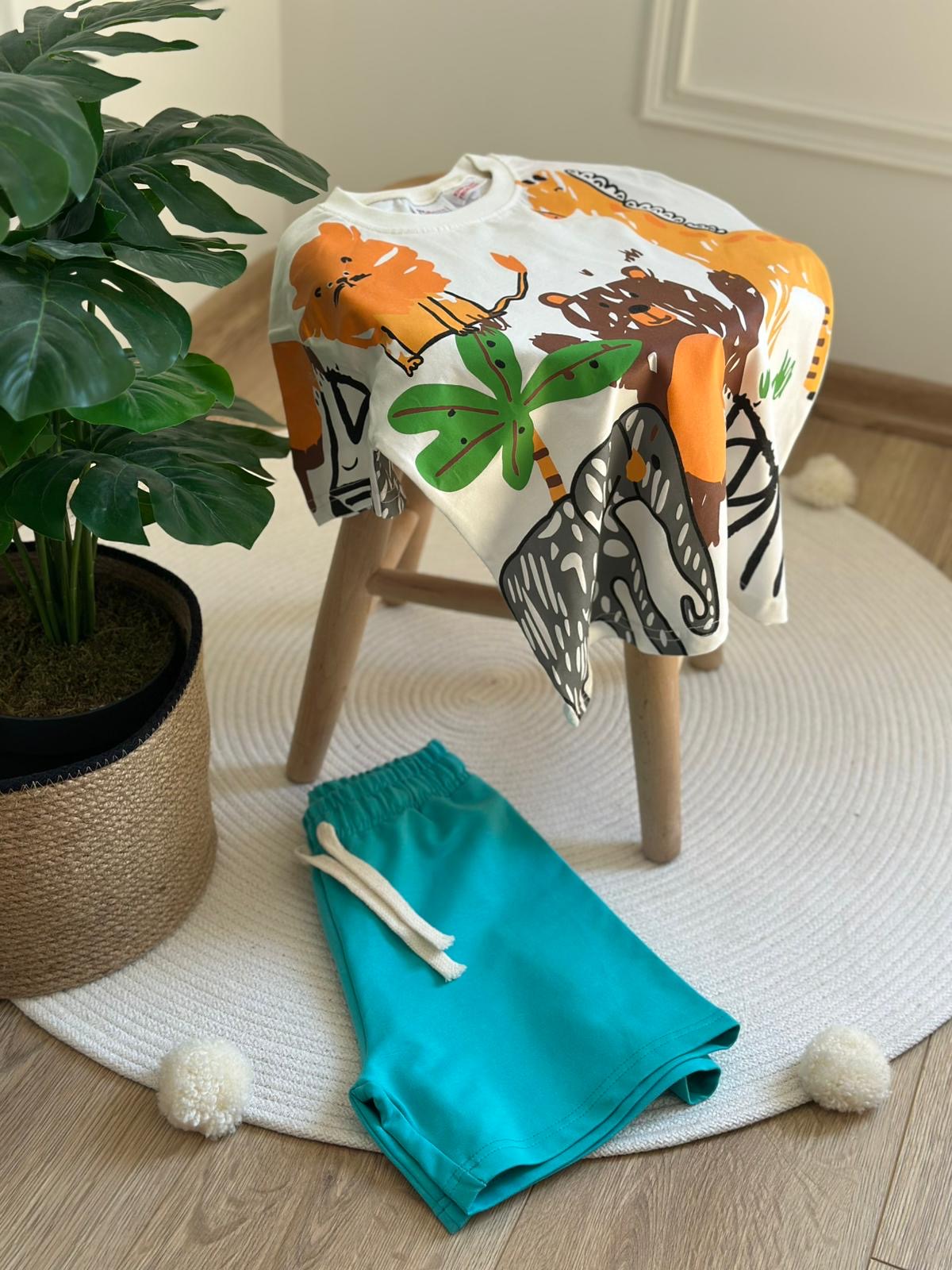 Zoo Print Mavi Şortlu Takım