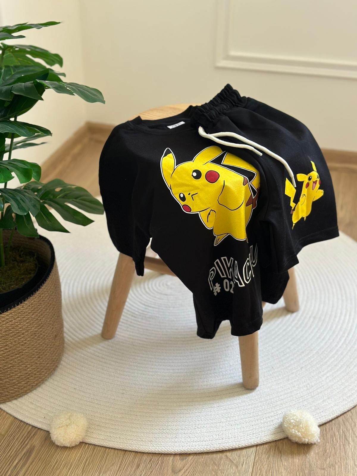 Siyah Pikachu Şortlu Takım