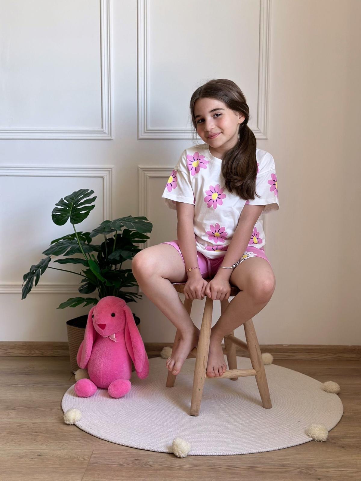 Pembe Sarı Çiçekli Şortlu Takım