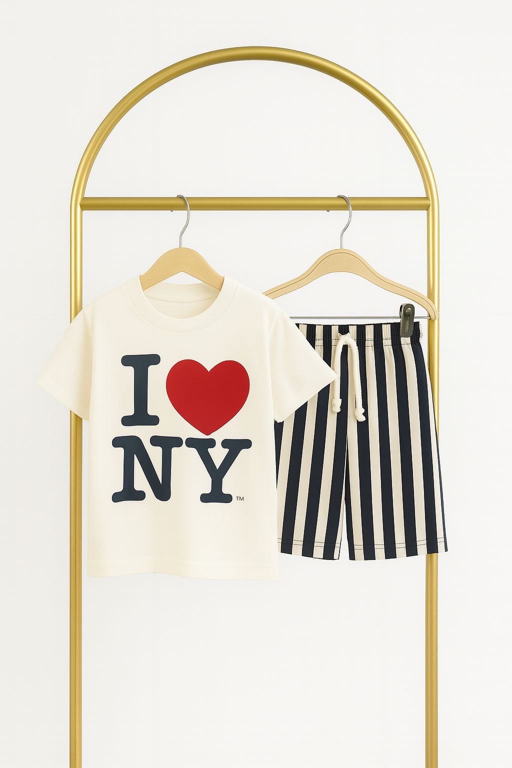 Beyaz Üzeri Love NY Çizgili Şortlu Takım