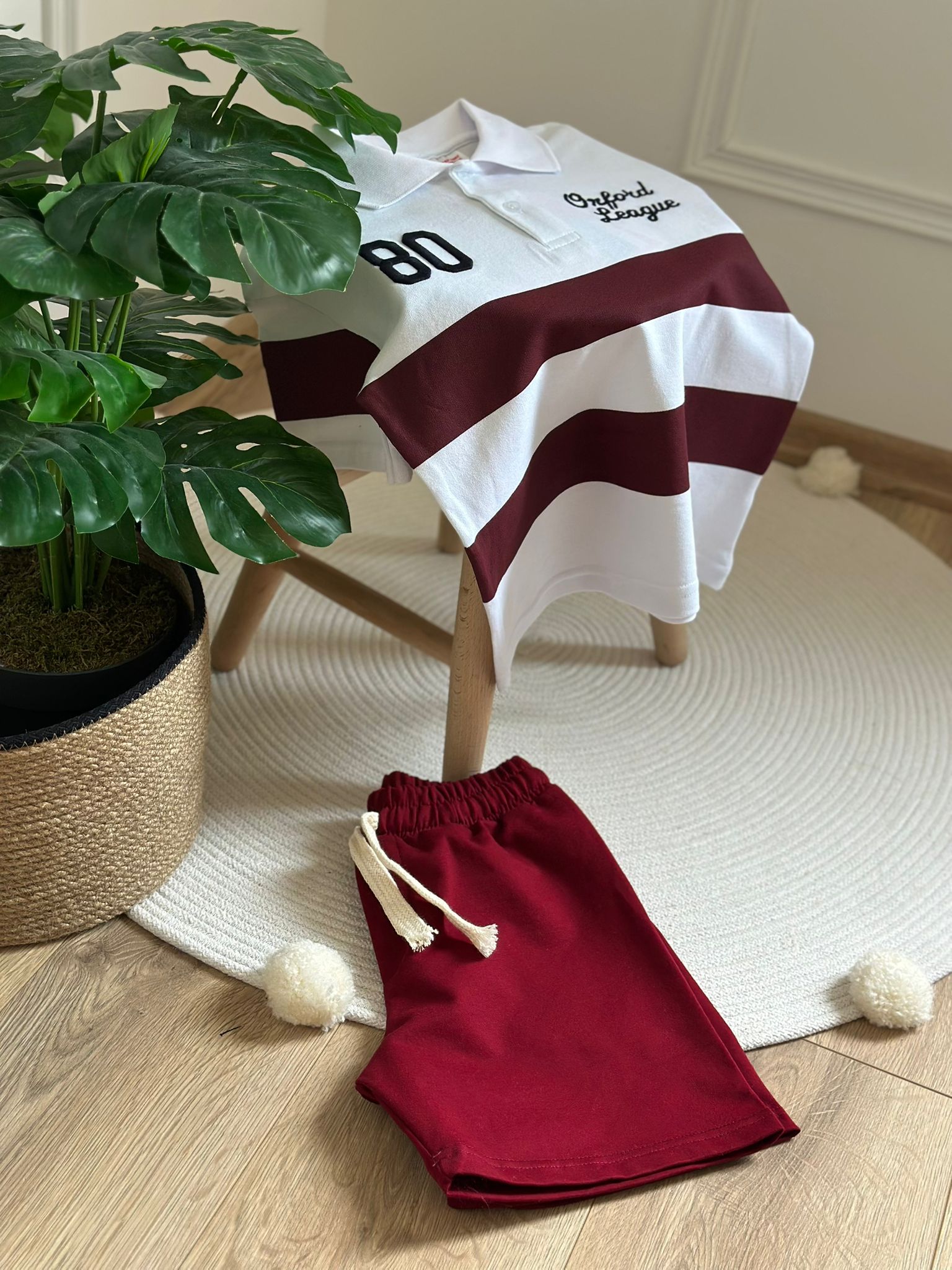 Bordo Çizgili Polo Yaka Şortlu Takım