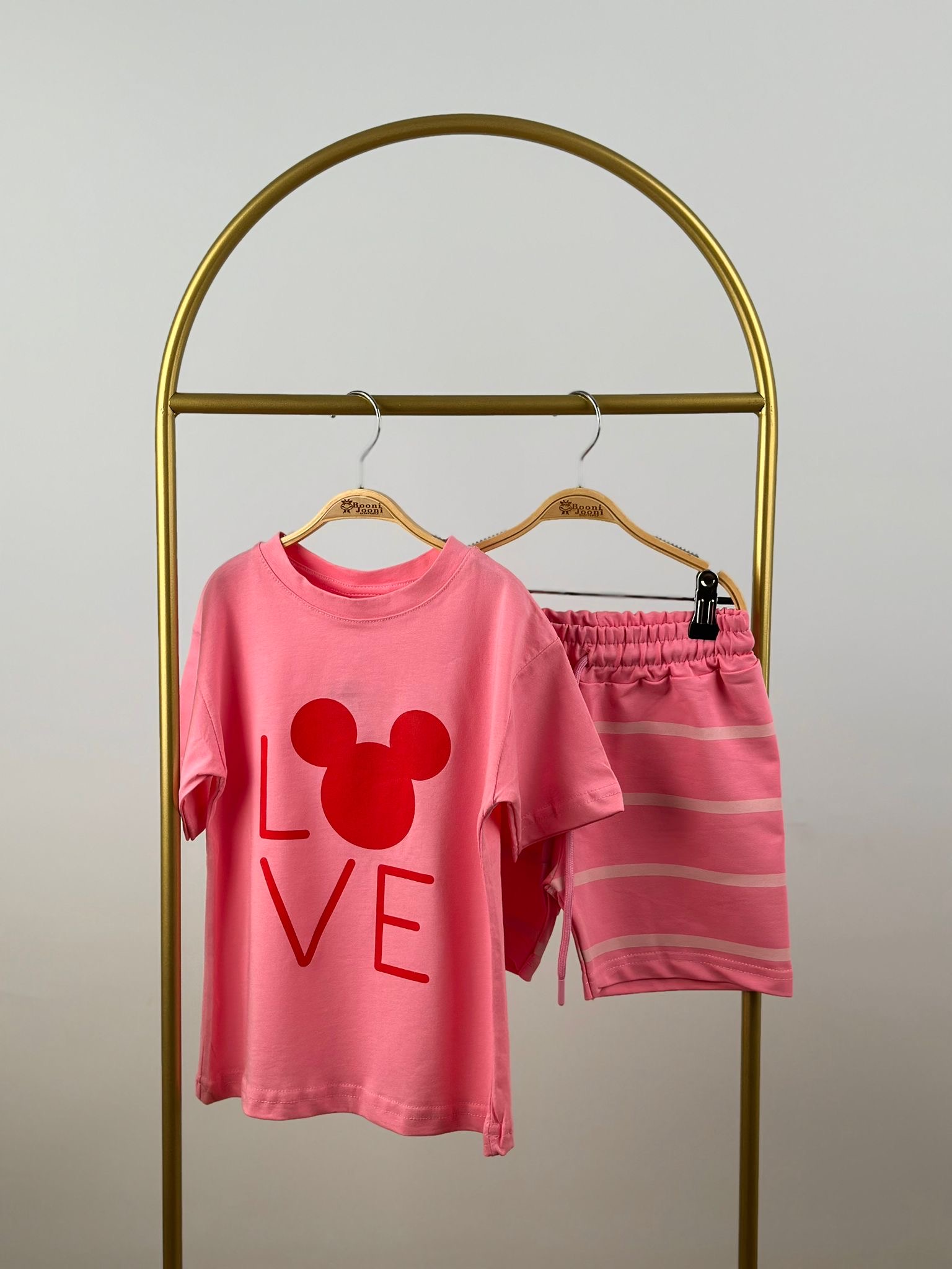 Pembe Love Mickey Çizgili Şortlu Takım