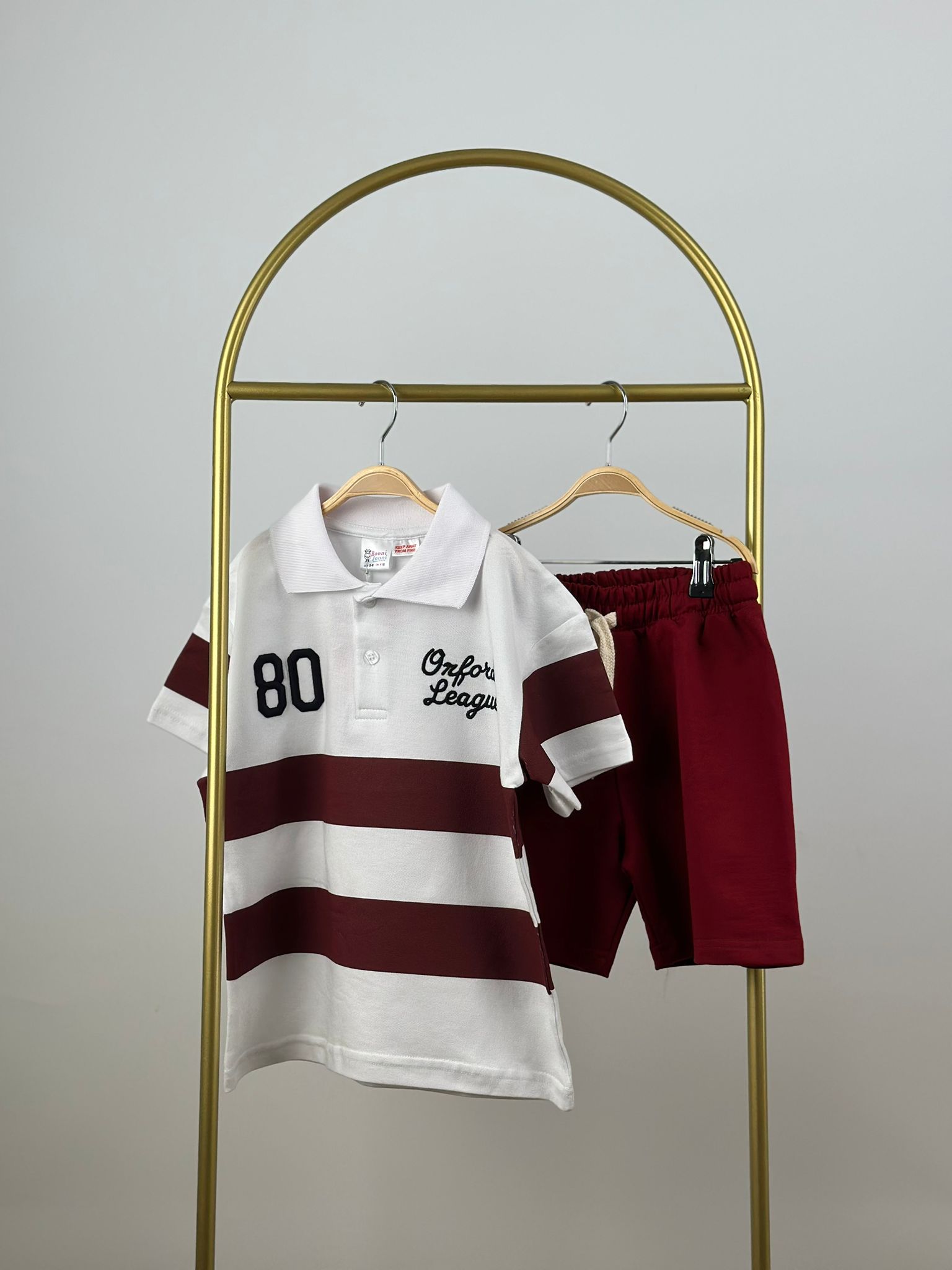 Bordo Çizgili Polo Yaka Şortlu Takım