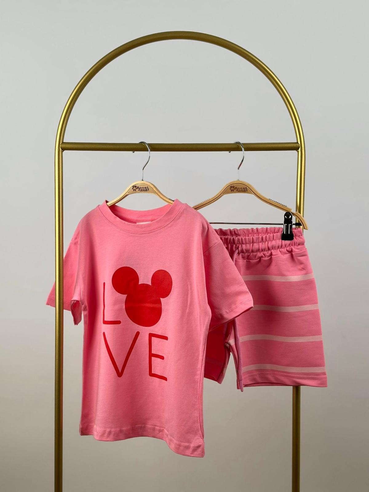 Pembe Love Mickey Çizgili Şortlu Takım