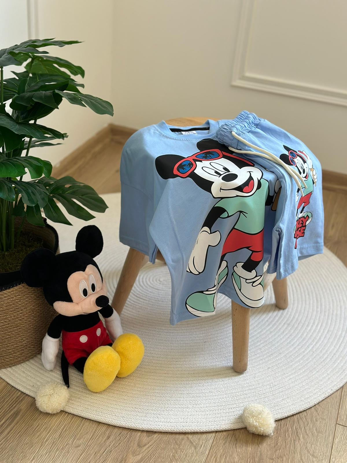 Mavi Dondurmalı Mickey Şortlu Takım