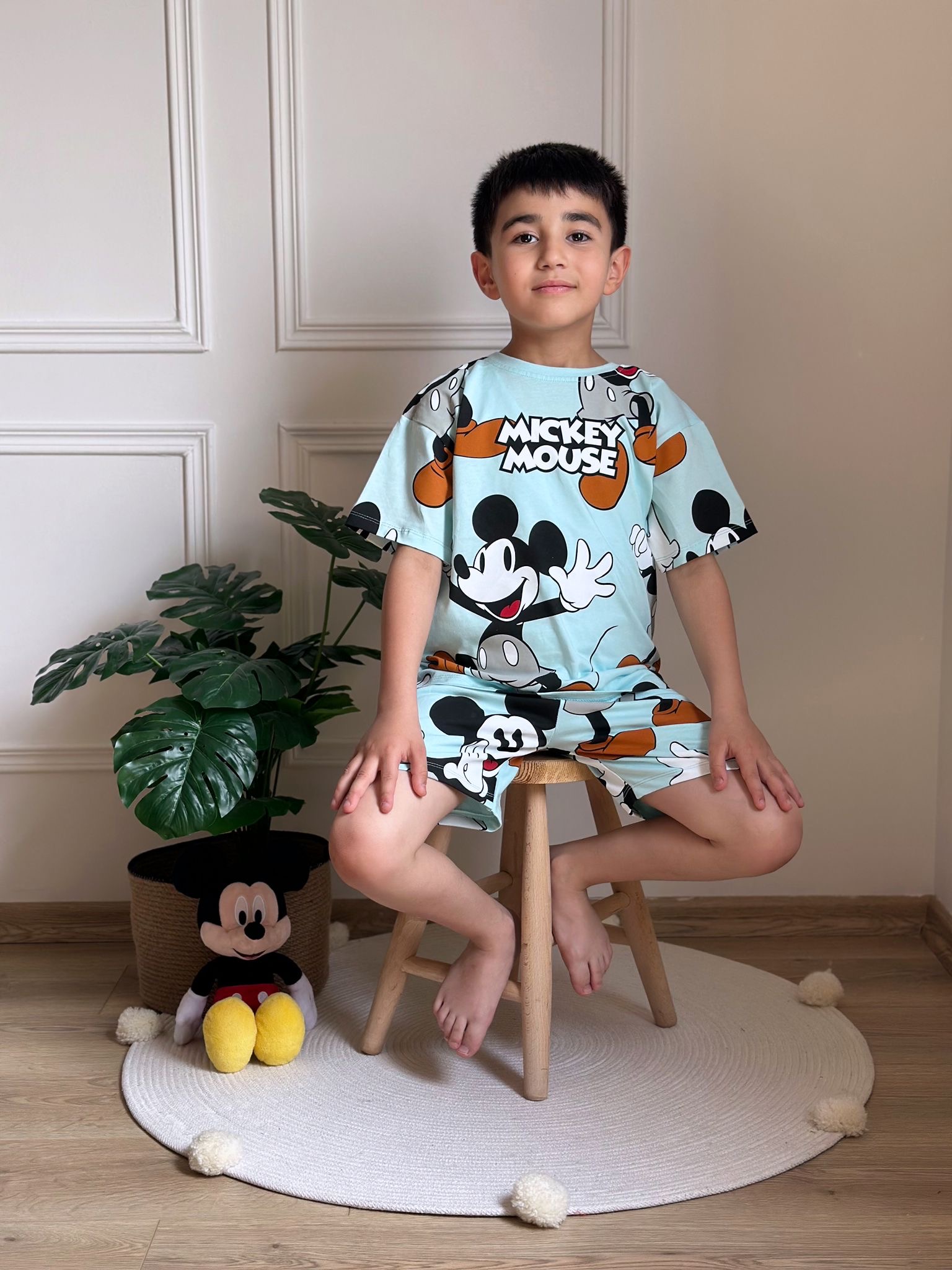 Açık Mavi Mickey Figür Baskılı Şortlu Takım