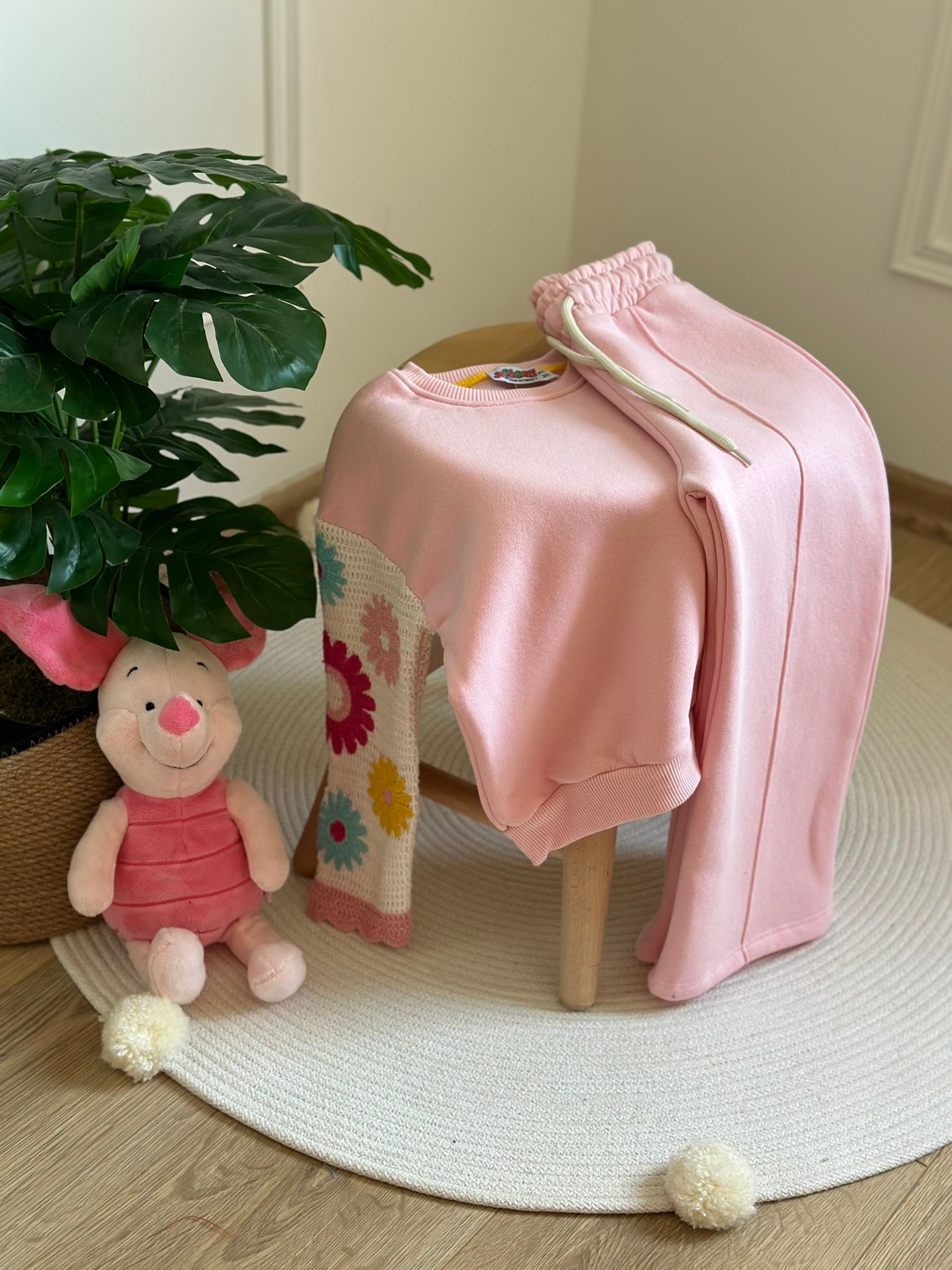 Açık Pembe Örgü Detaylı Eşofman Takımı