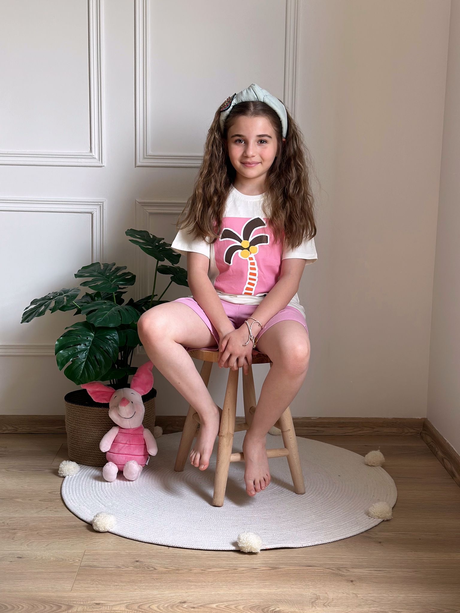 Pembe Palmiye Baskılı Şortlu Takım