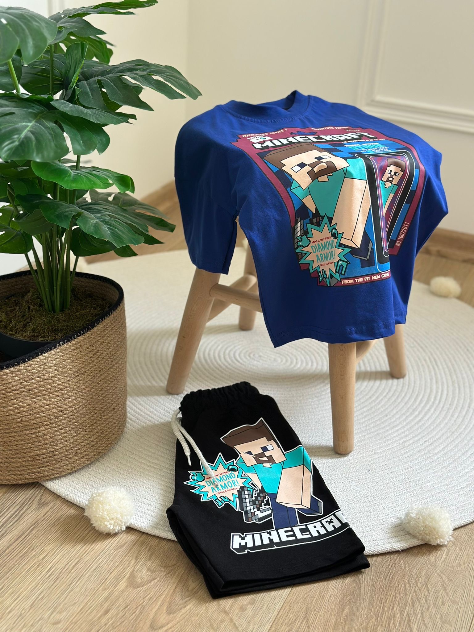 Mavi Minecraft Şortlu Takım