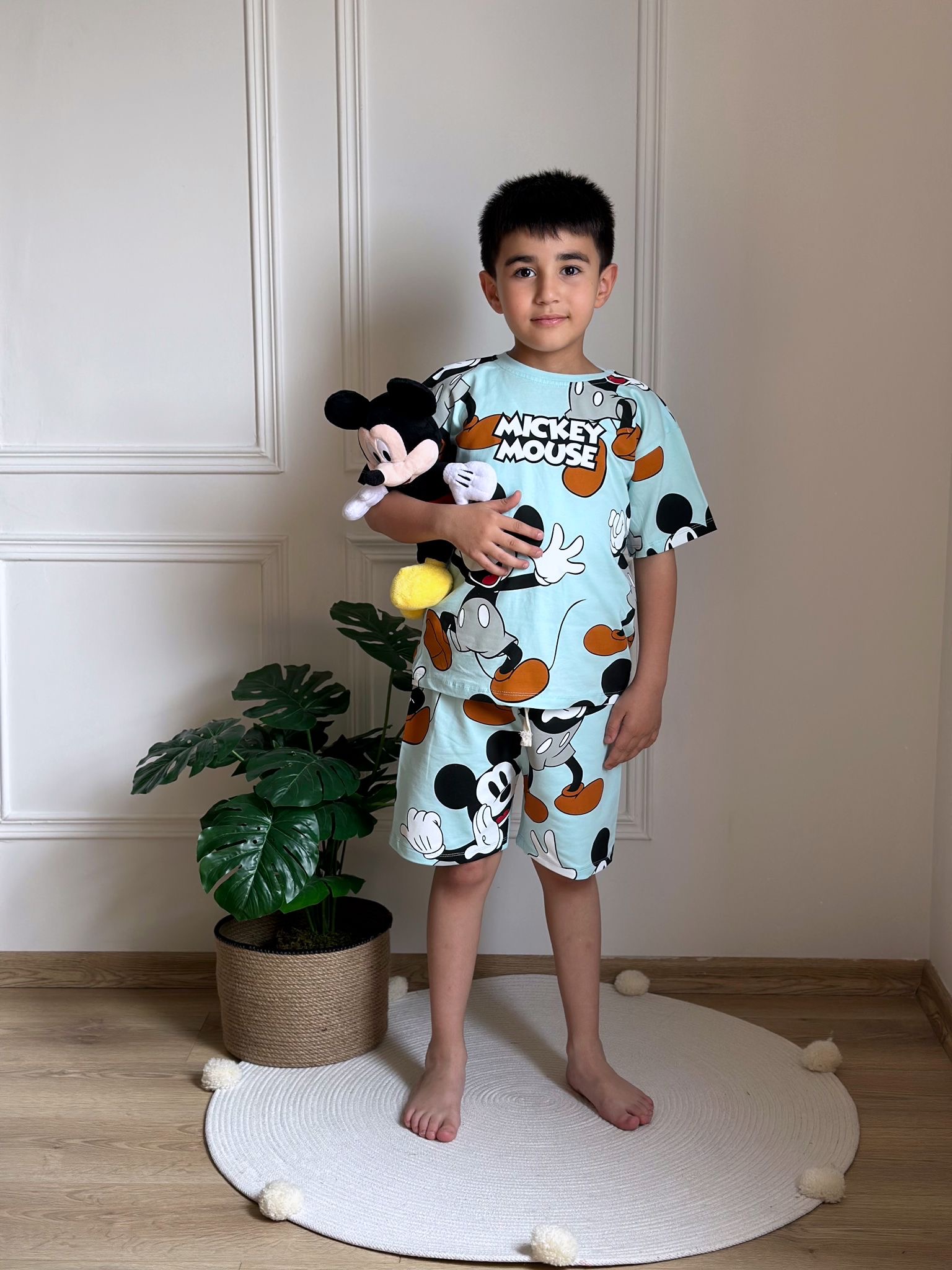 Açık Mavi Mickey Figür Baskılı Şortlu Takım
