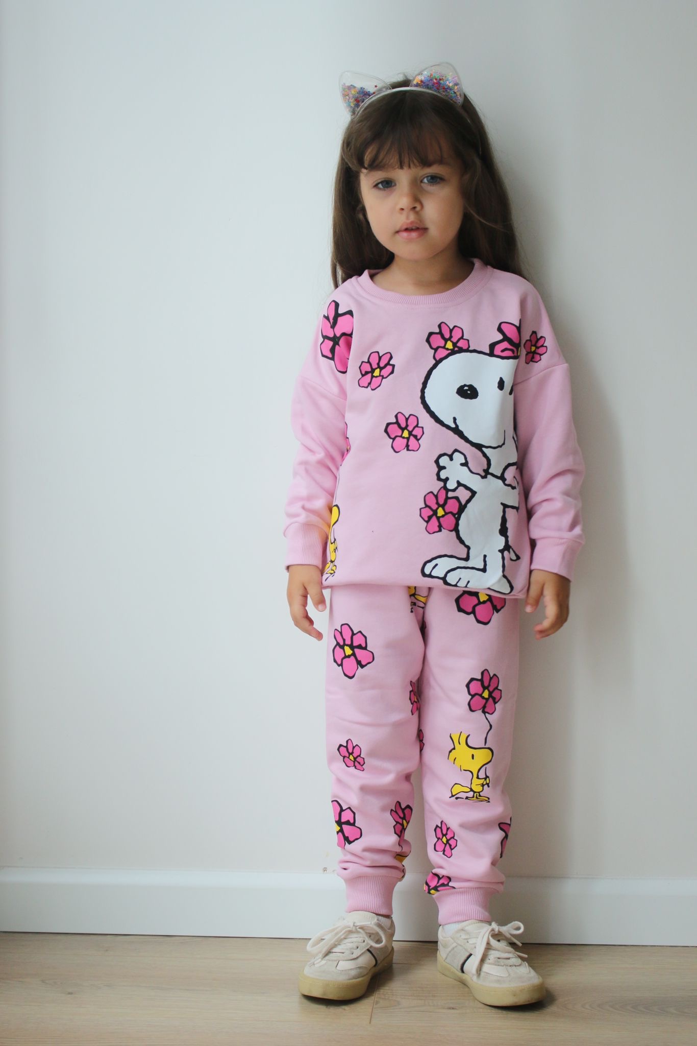 Pembe Sırt Baskılı Çiçekli Snoopy Eşofman Takımı