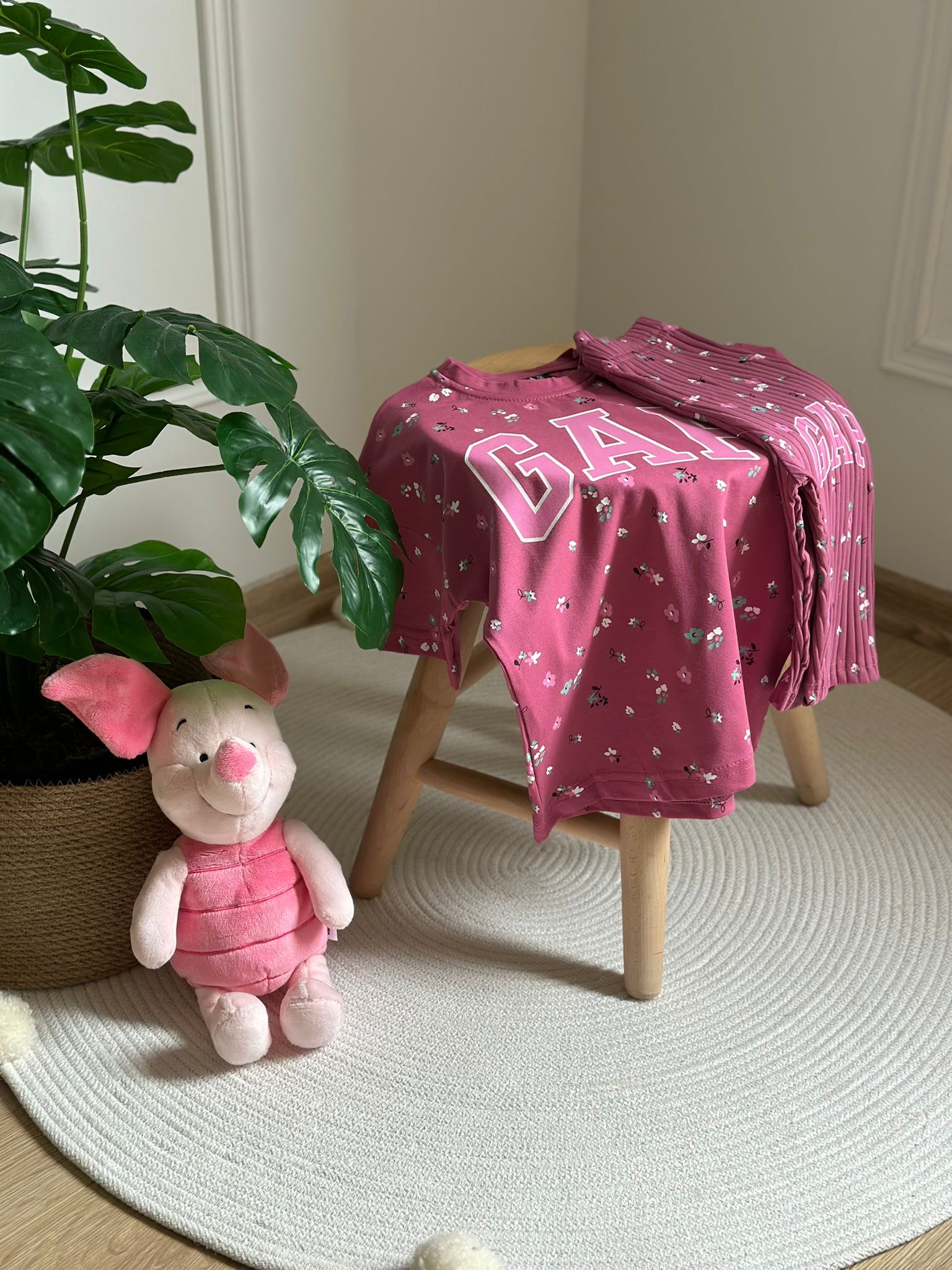 Pembe Çiçek Baskılı Gap Fitilli Taytlı Takım
