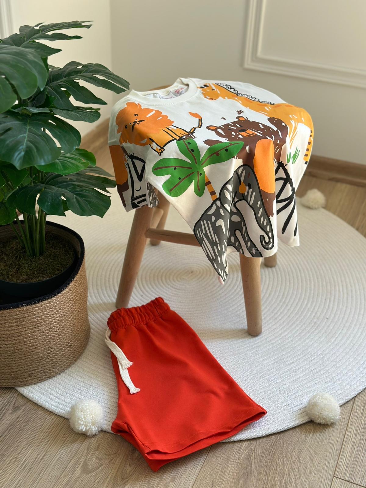 Zoo Print Kırmızı Şortlu Takım
