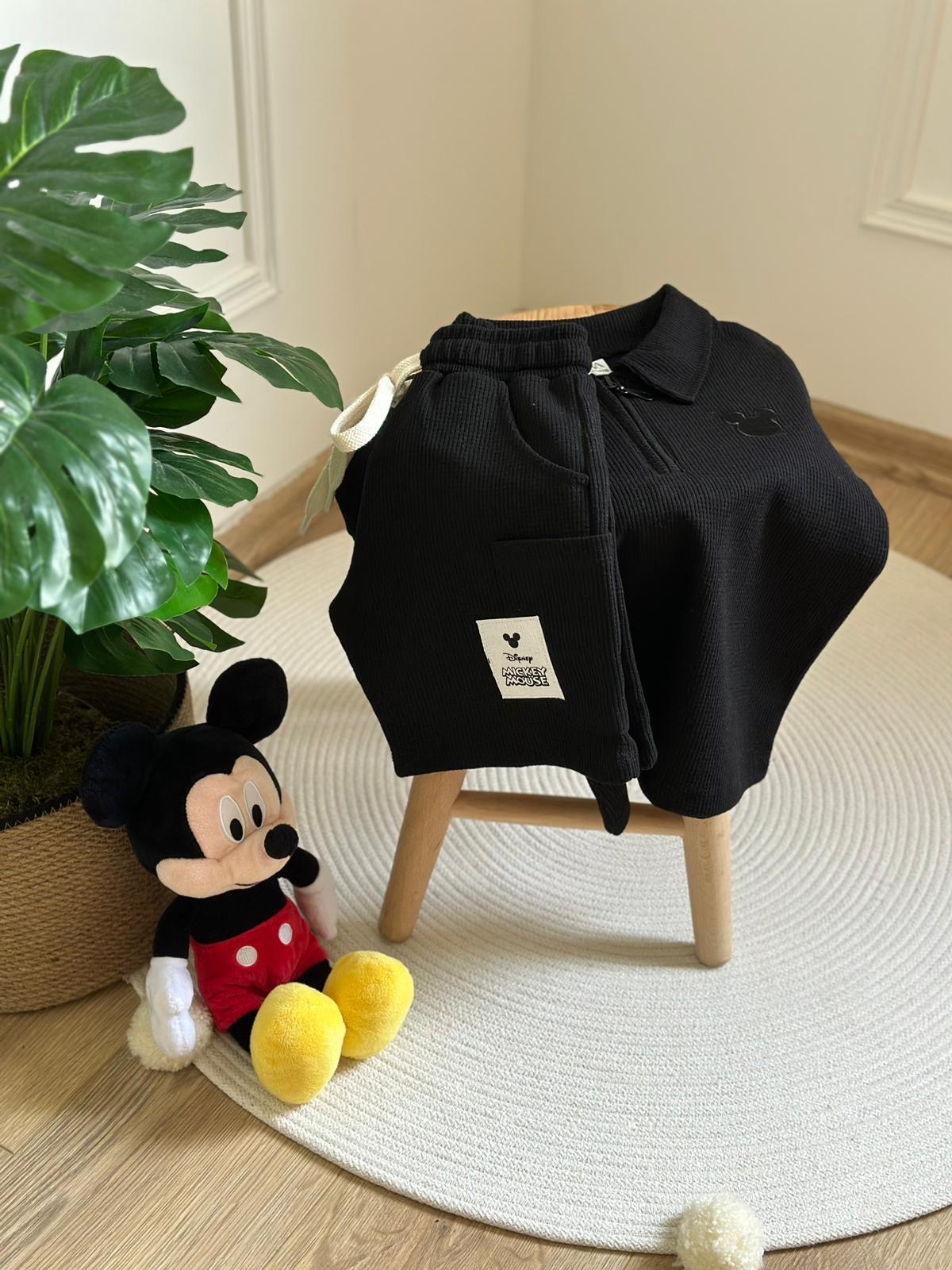 Siyah Polo Yaka Mickey Şortlu Takım