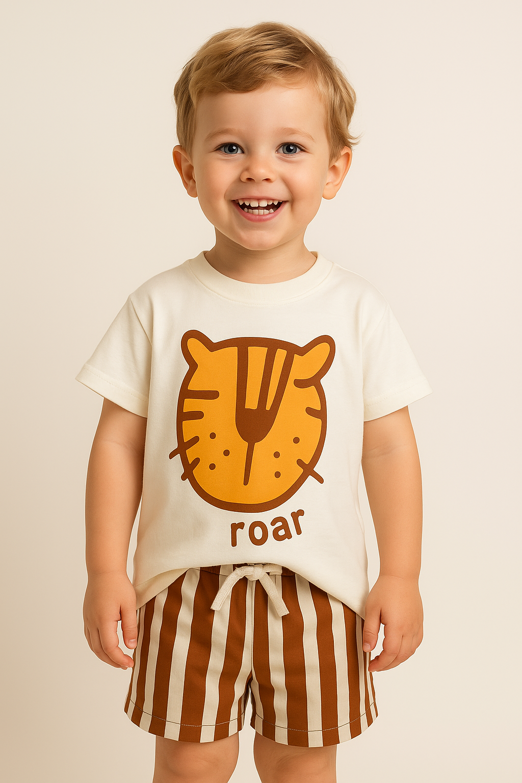 Beyaz Roar Baskılı Şortlu Takım