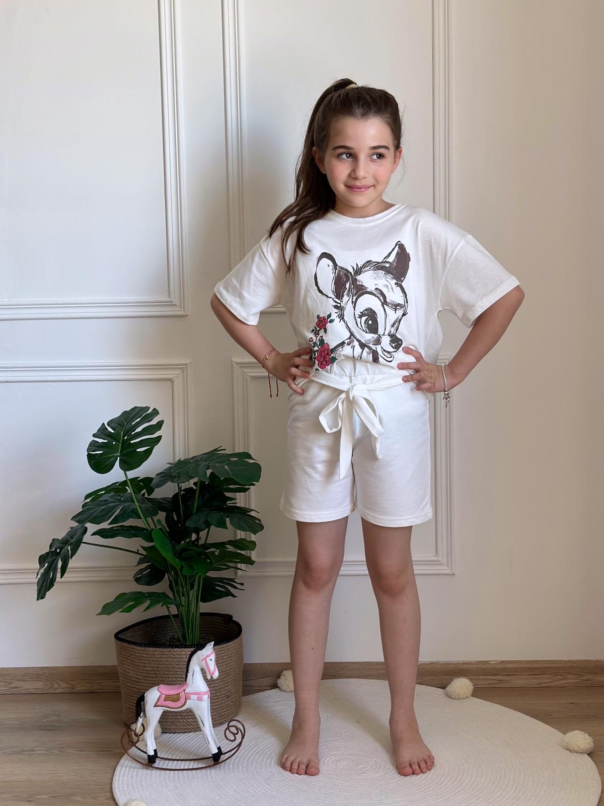 Beyaz Bambi Baskılı Şortlu Takım