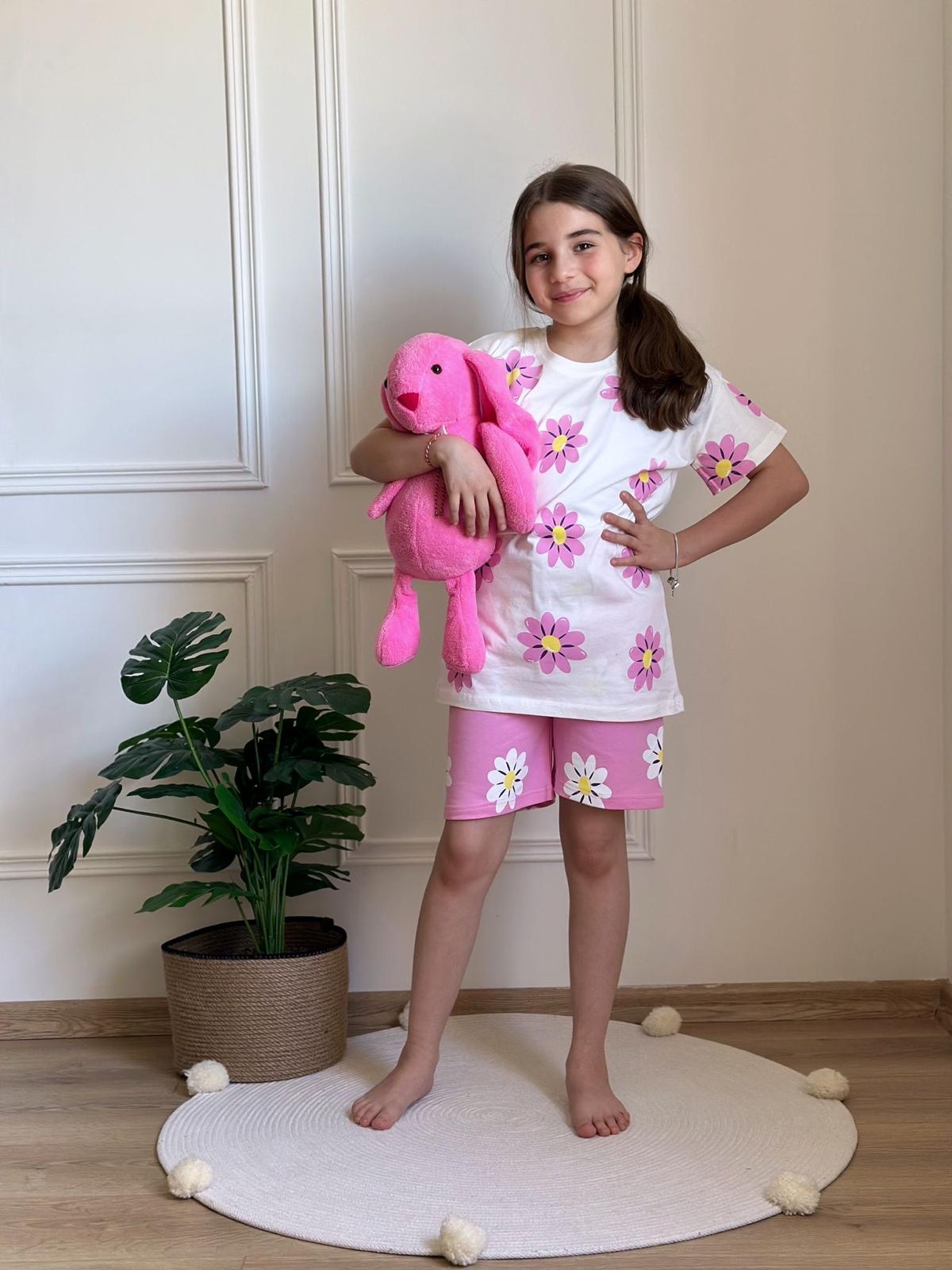 Pembe Sarı Çiçekli Şortlu Takım
