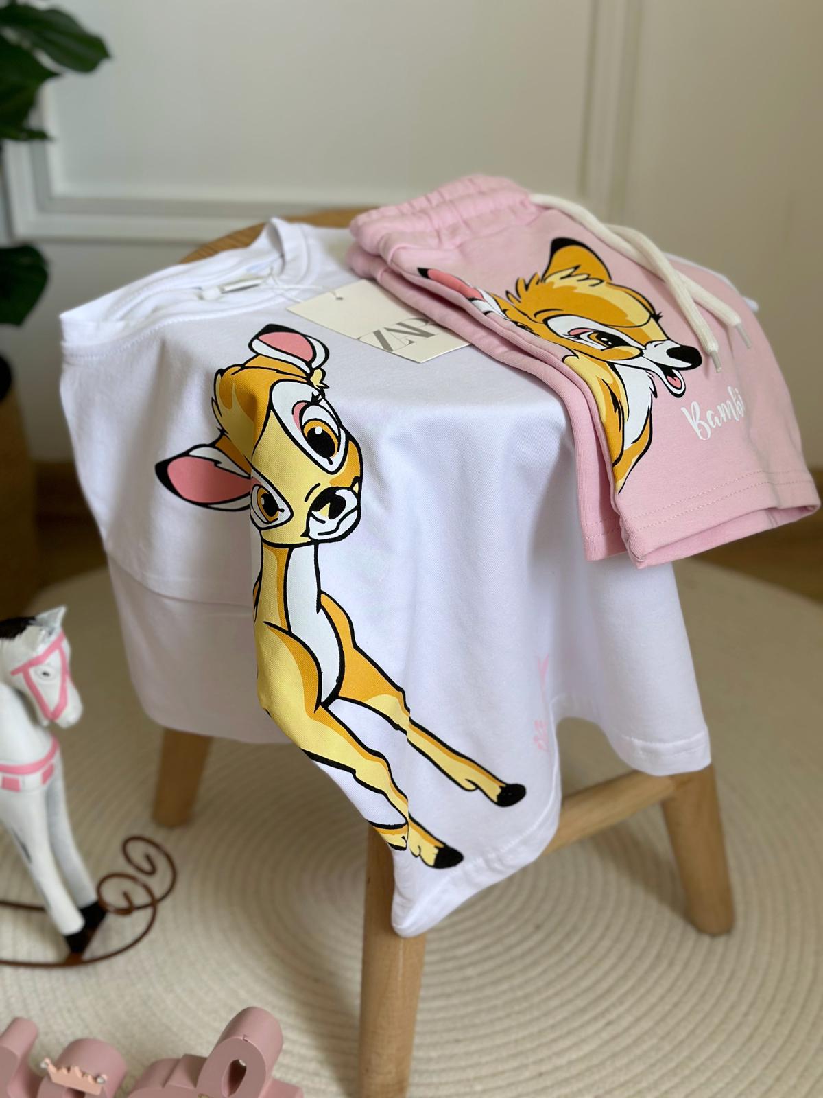 Pembe Bambi Baskılı Şortlu Takım