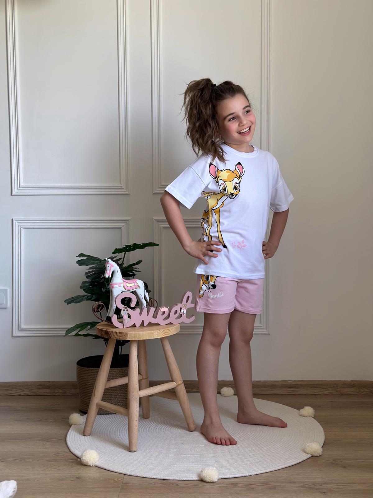 Pembe Bambi Baskılı Şortlu Takım