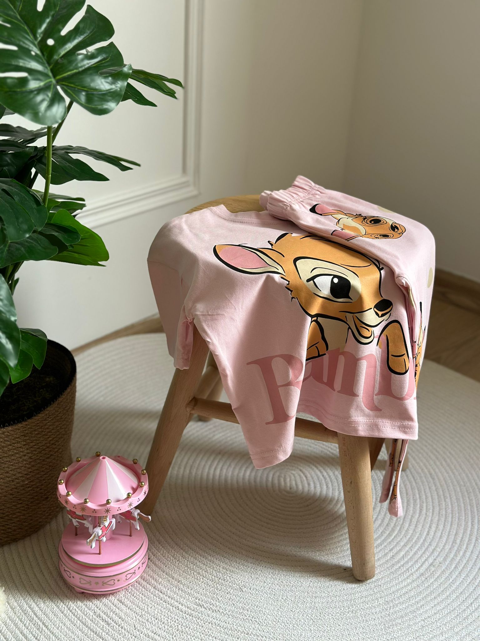 Açık Pembe Bambi Baskılı Taytlı Takım