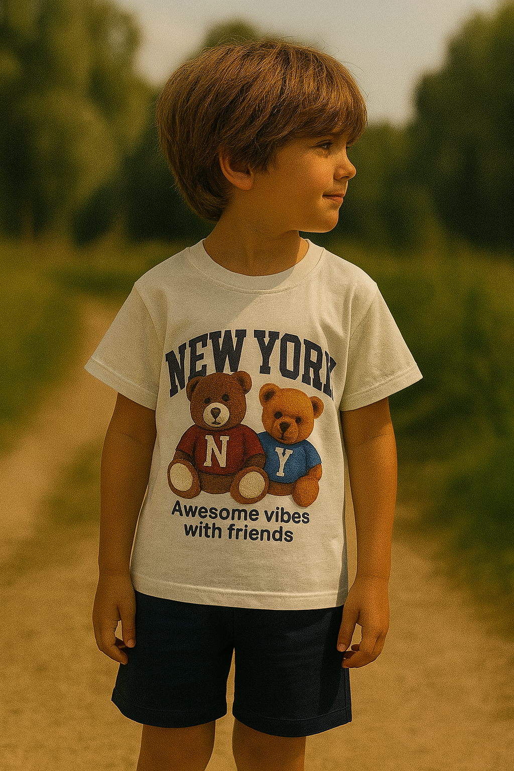 Lacivert New York Baskılı Teddy Şortlu Takım