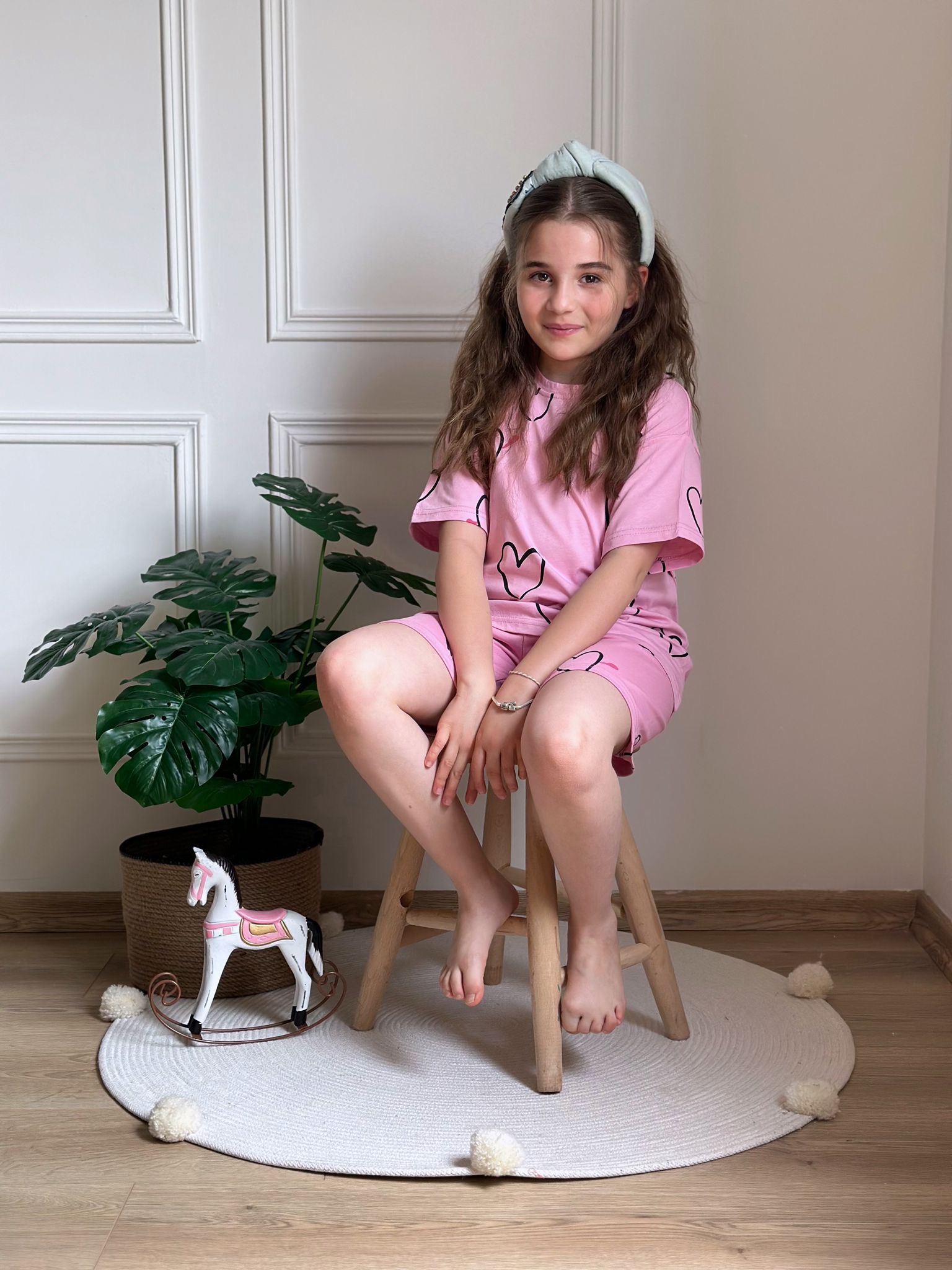 Pembe Kalp Desenli Şortlu Takım