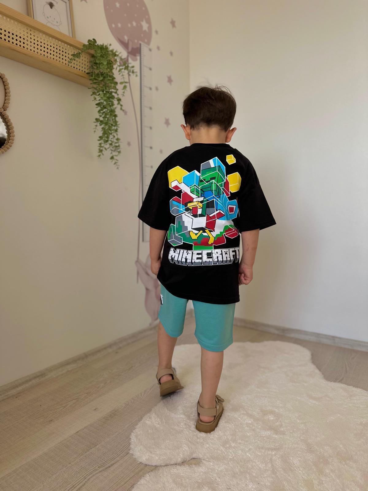 Siyah Yeşil Minecraft Şortlu Takım
