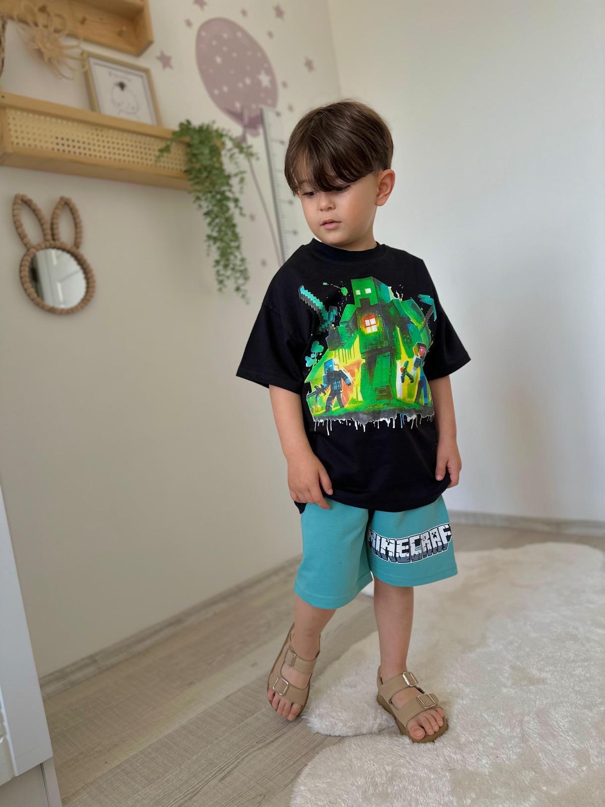 Siyah Yeşil Minecraft Şortlu Takım