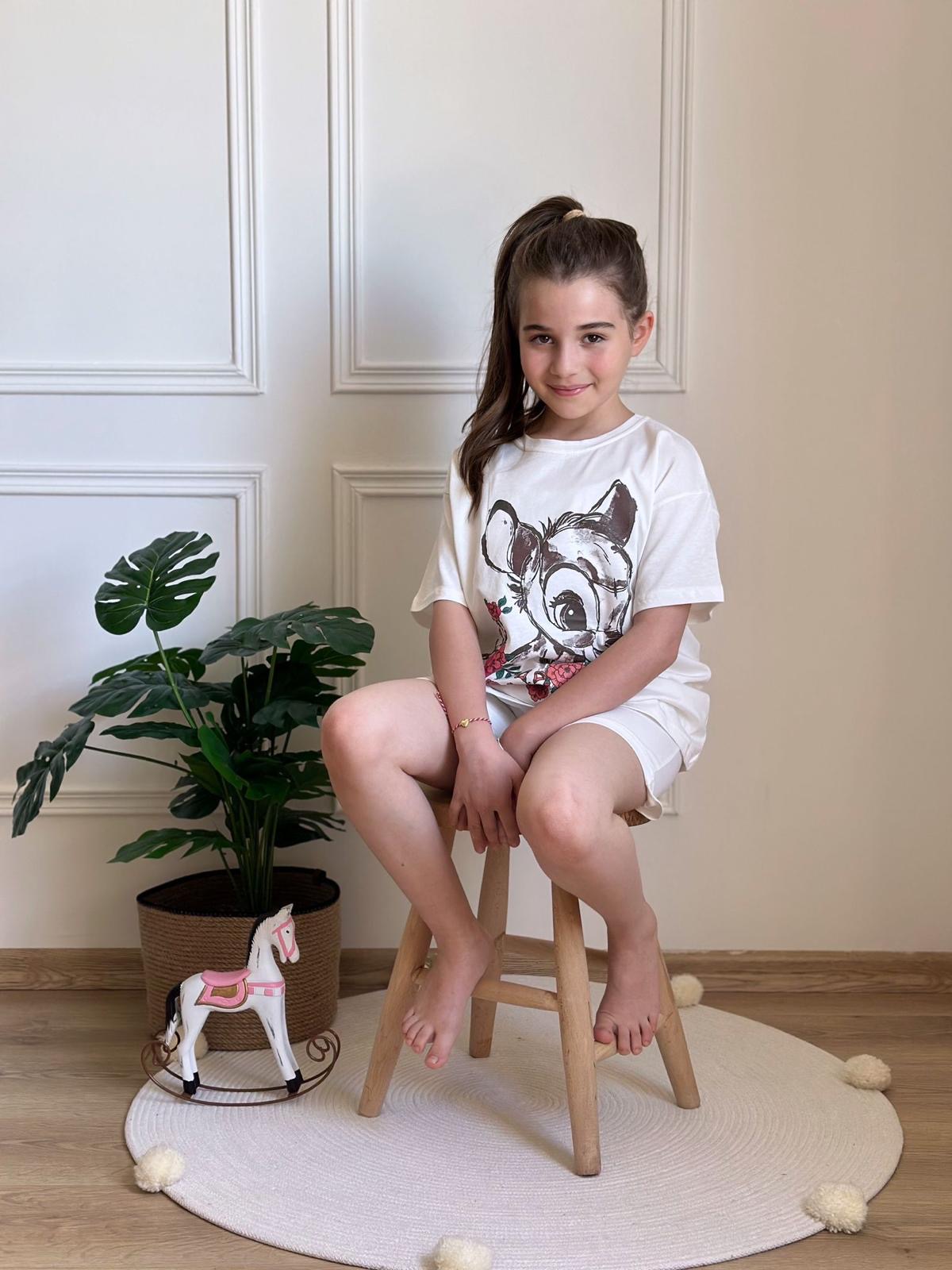 Beyaz Bambi Baskılı Şortlu Takım