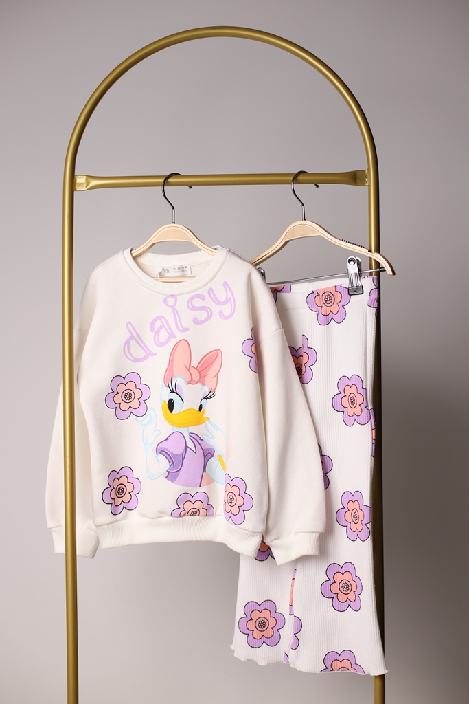 Beyaz Daisy Duck Çiçek Baskılı Fitilli Eşofman Takımı