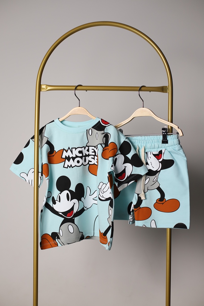 Açık Mavi Mickey Figür Baskılı Şortlu Takım