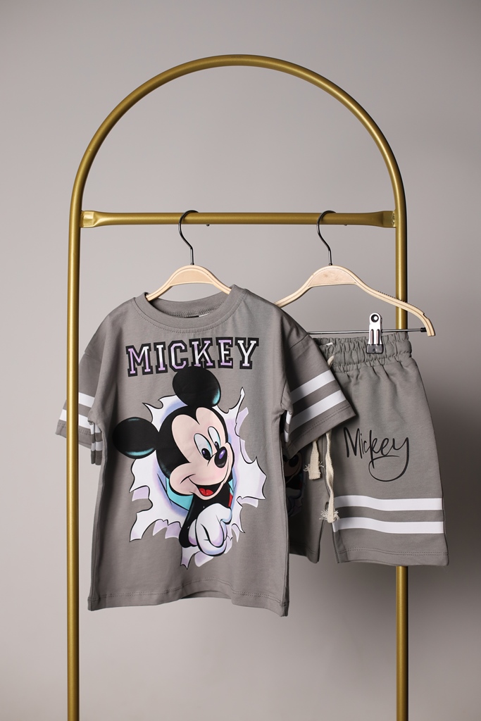 Gri Beyaz Çizgili Mickey Şortlu Takım