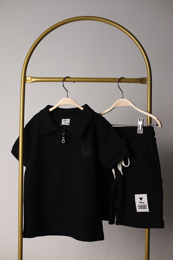 Siyah Polo Yaka Mickey Şortlu Takım