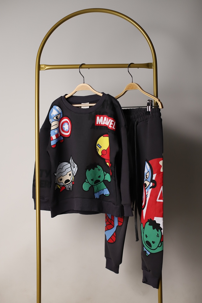 Siyah Marvel Figür Baskılı Eşofman Takımı