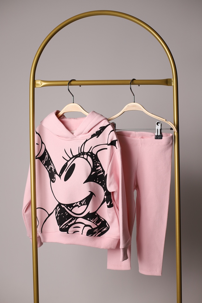 Kapüşonlu Pembe Mickey Mouse Uzun Taytlı Takım