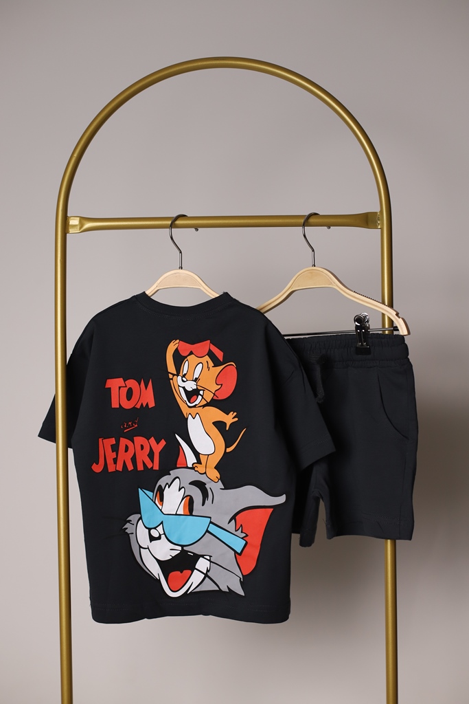 Siyah Tom Ve Jerry Sırt Baskılı Şortlu Takım
