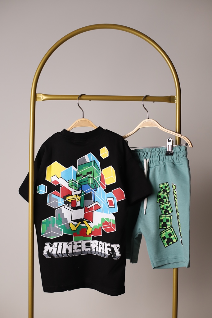 Siyah Yeşil Minecraft Şortlu Takım
