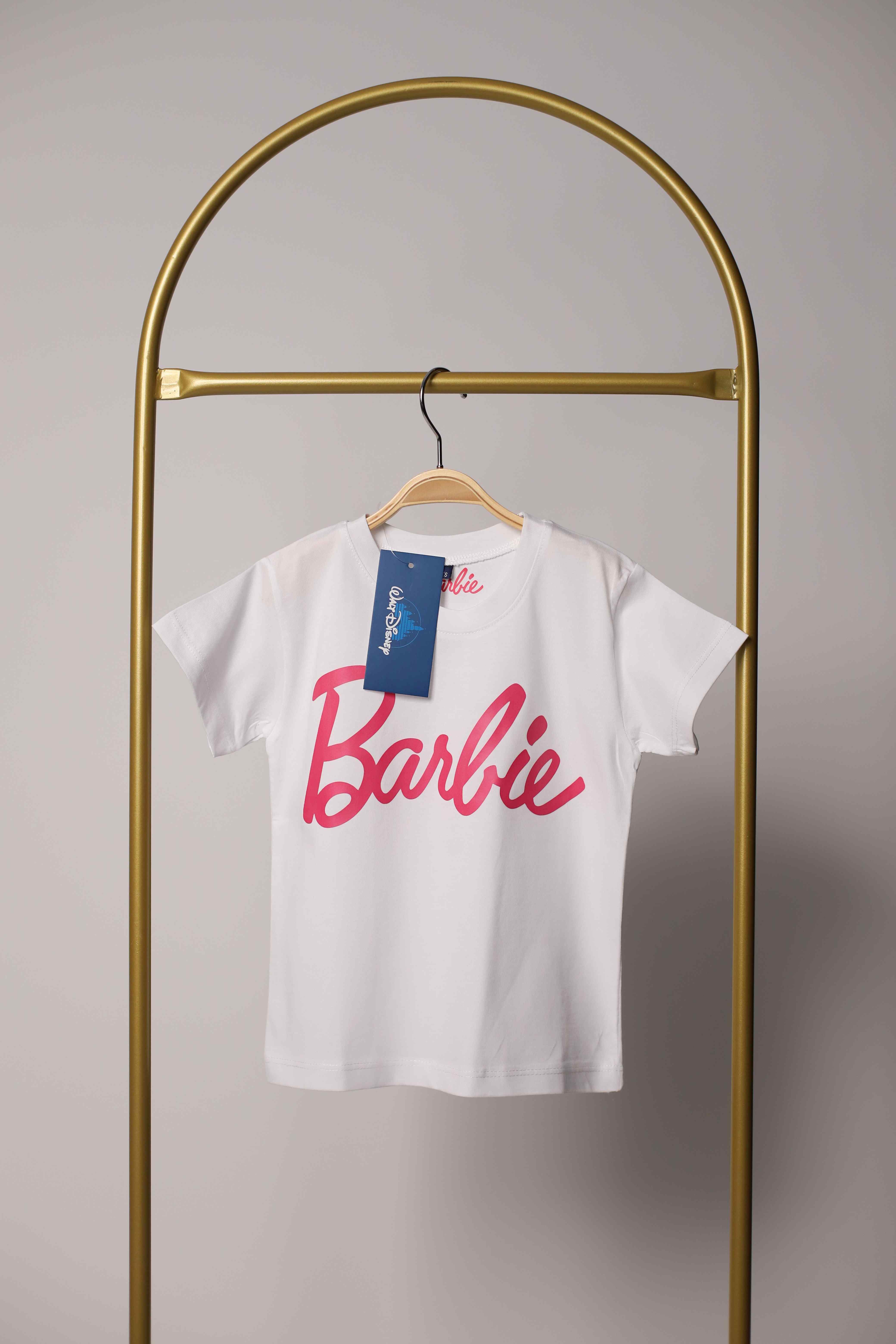 Beyaz Barbie Pembe Baskılı Kız Çocuk T-shirt