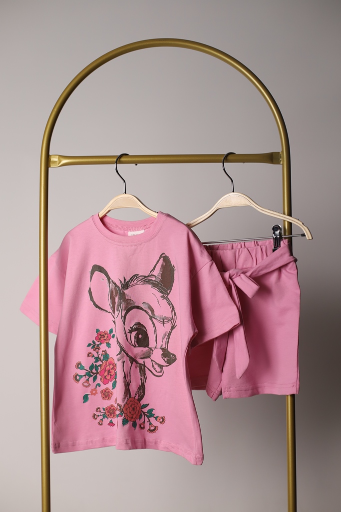 Pembe Bambi Baskılı Şortlu Takım