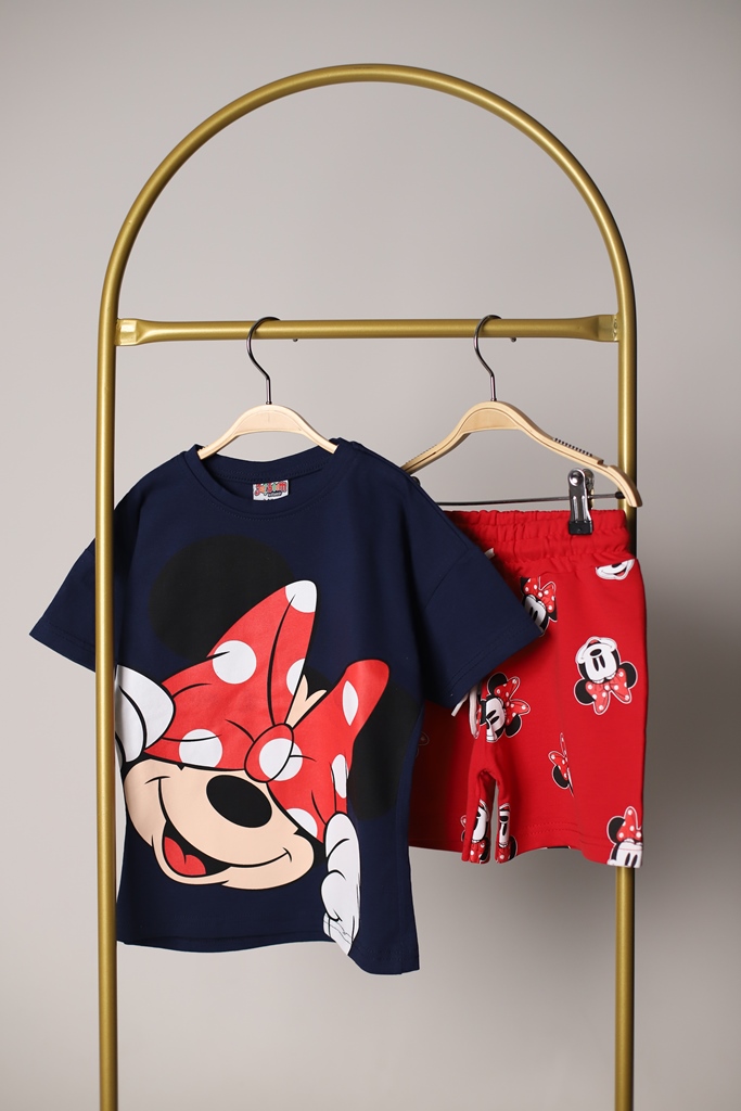 Kırmızı Kurdele Detaylı Minnie Mouse Şortlu Takım